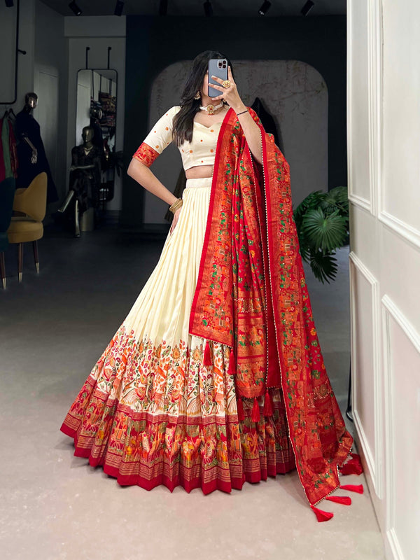 Occasion Wear Off White Color Tussar Silk And Printed With Foil Work Designer Lehenga Choli