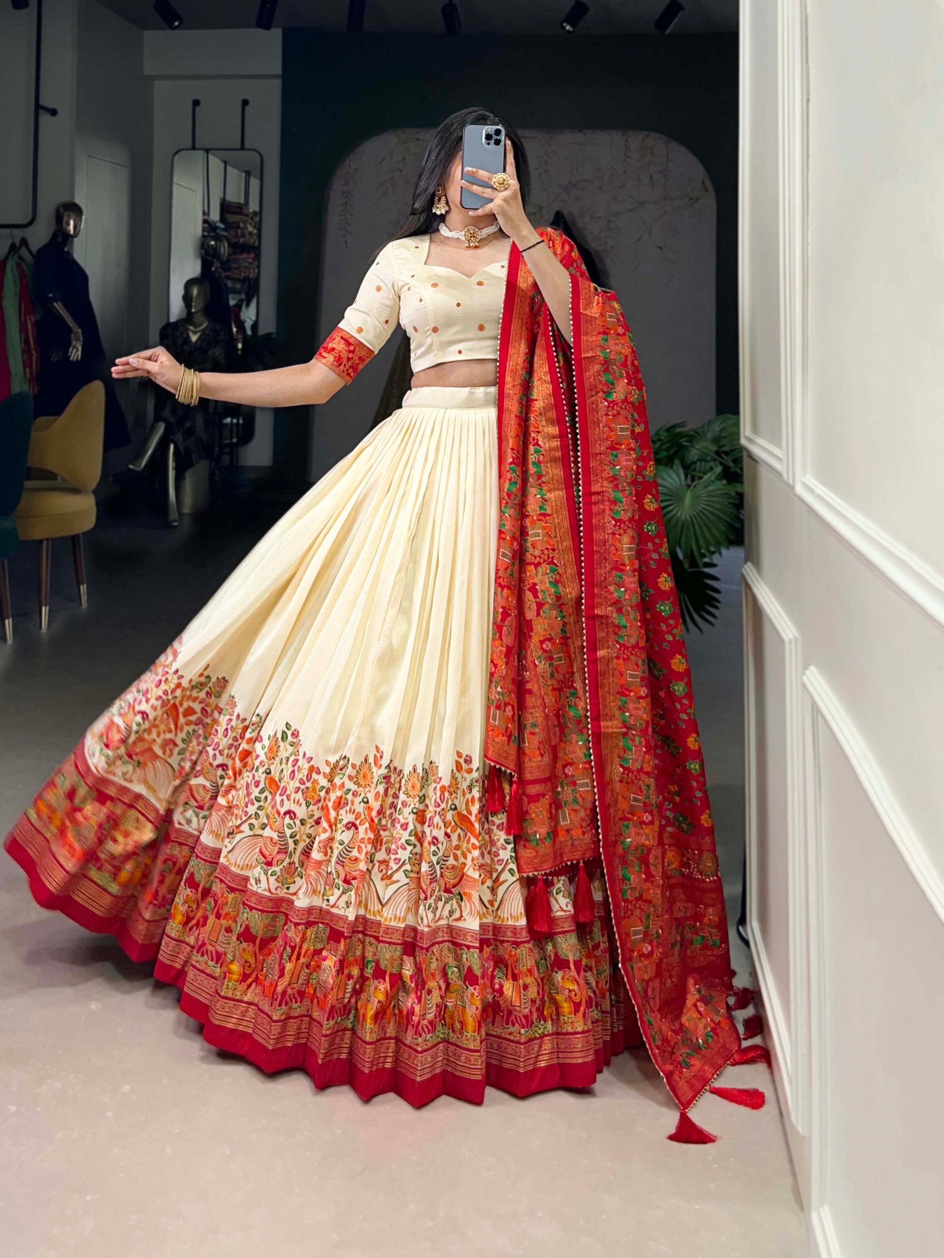Occasion Wear Off White Color Tussar Silk And Printed With Foil Work Designer Lehenga Choli