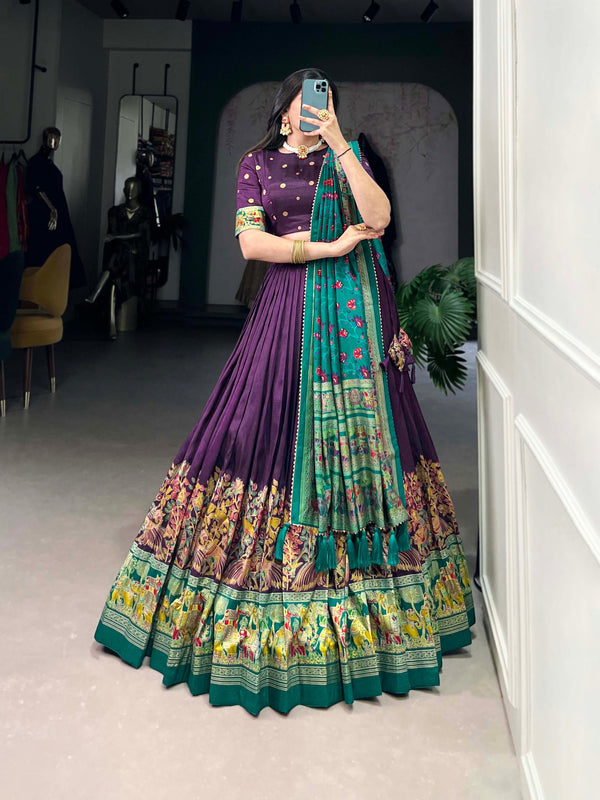 Occasion Wear Purple Color Tussar Silk And Printed With Foil Work Designer Lehenga Choli