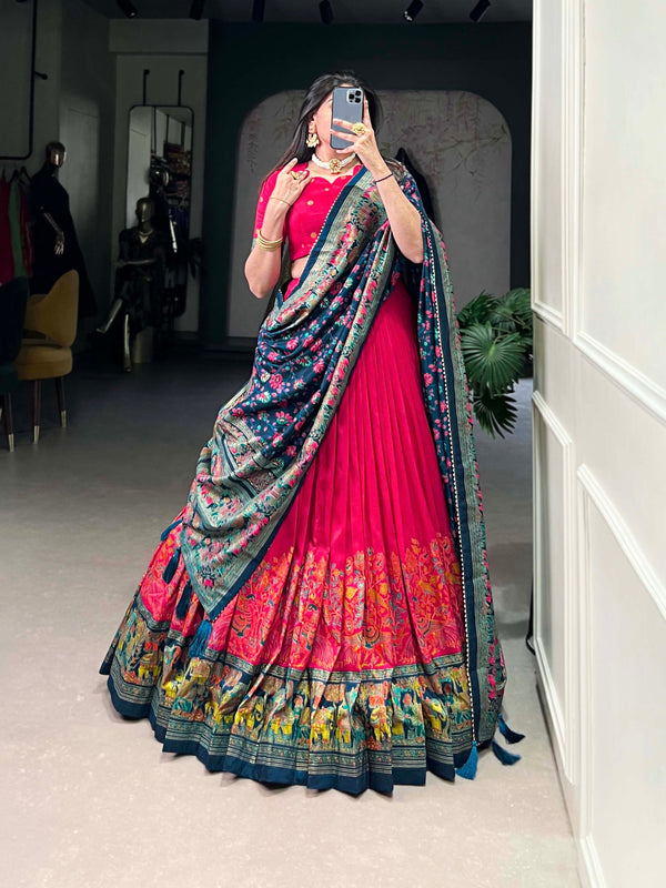 Occasion Wear Pink Color Tussar Silk And Printed With Foil Work Designer Lehenga Choli