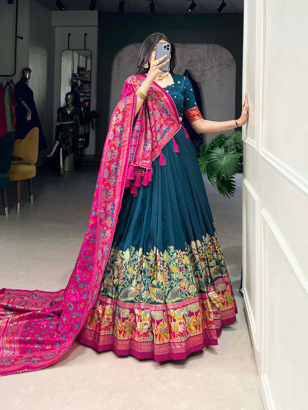 Occasion Wear Teal Color Tussar Silk And Printed With Foil Work Designer Lehenga Choli