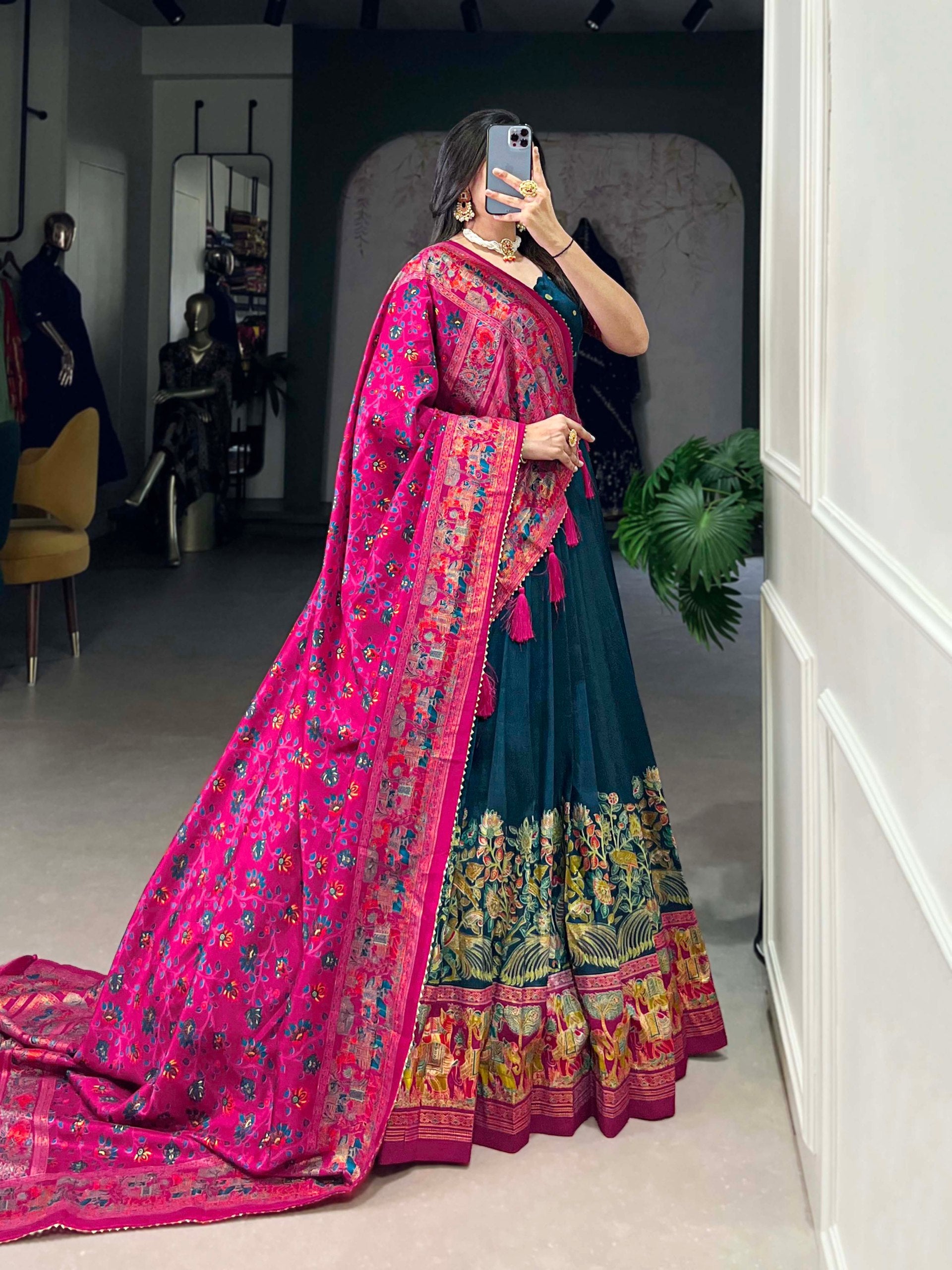 Occasion Wear Teal Color Tussar Silk And Printed With Foil Work Designer Lehenga Choli