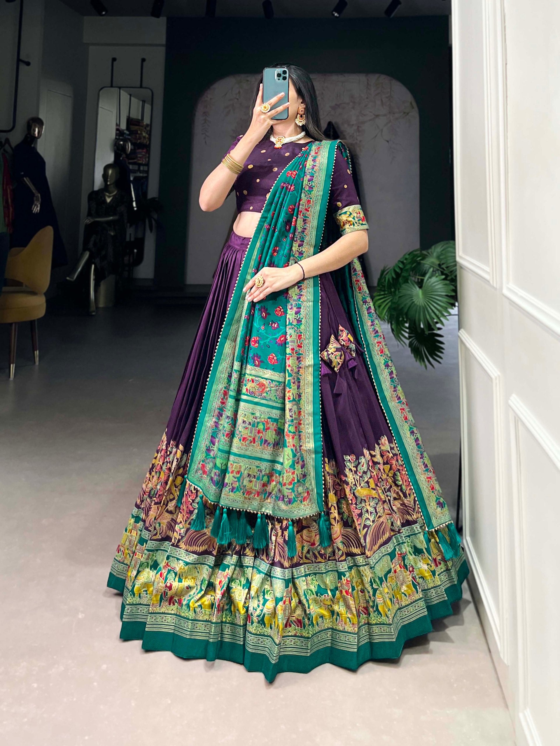 Occasion Wear Purple Color Tussar Silk And Printed With Foil Work Designer Lehenga Choli