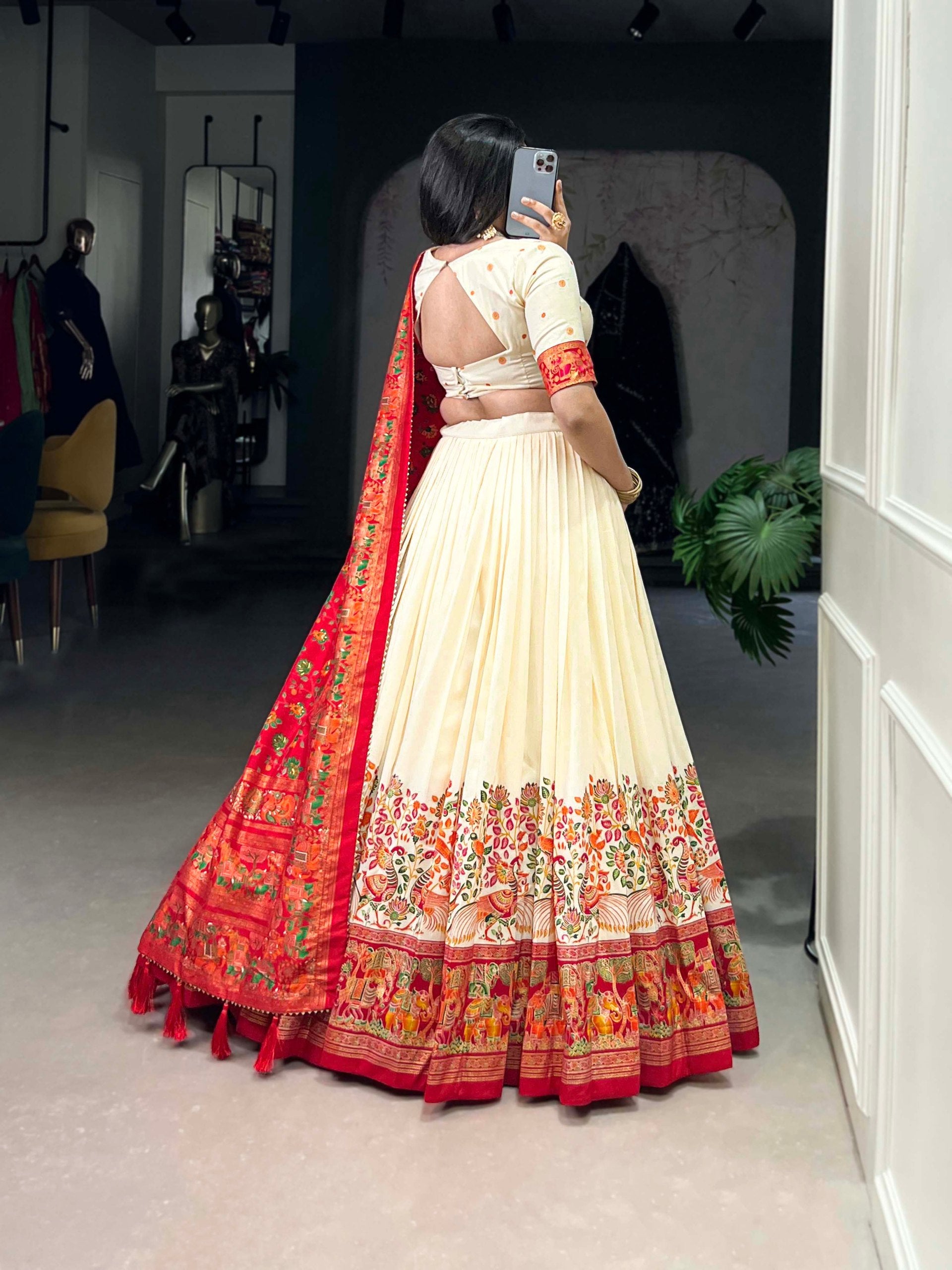 Occasion Wear Off White Color Tussar Silk And Printed With Foil Work Designer Lehenga Choli