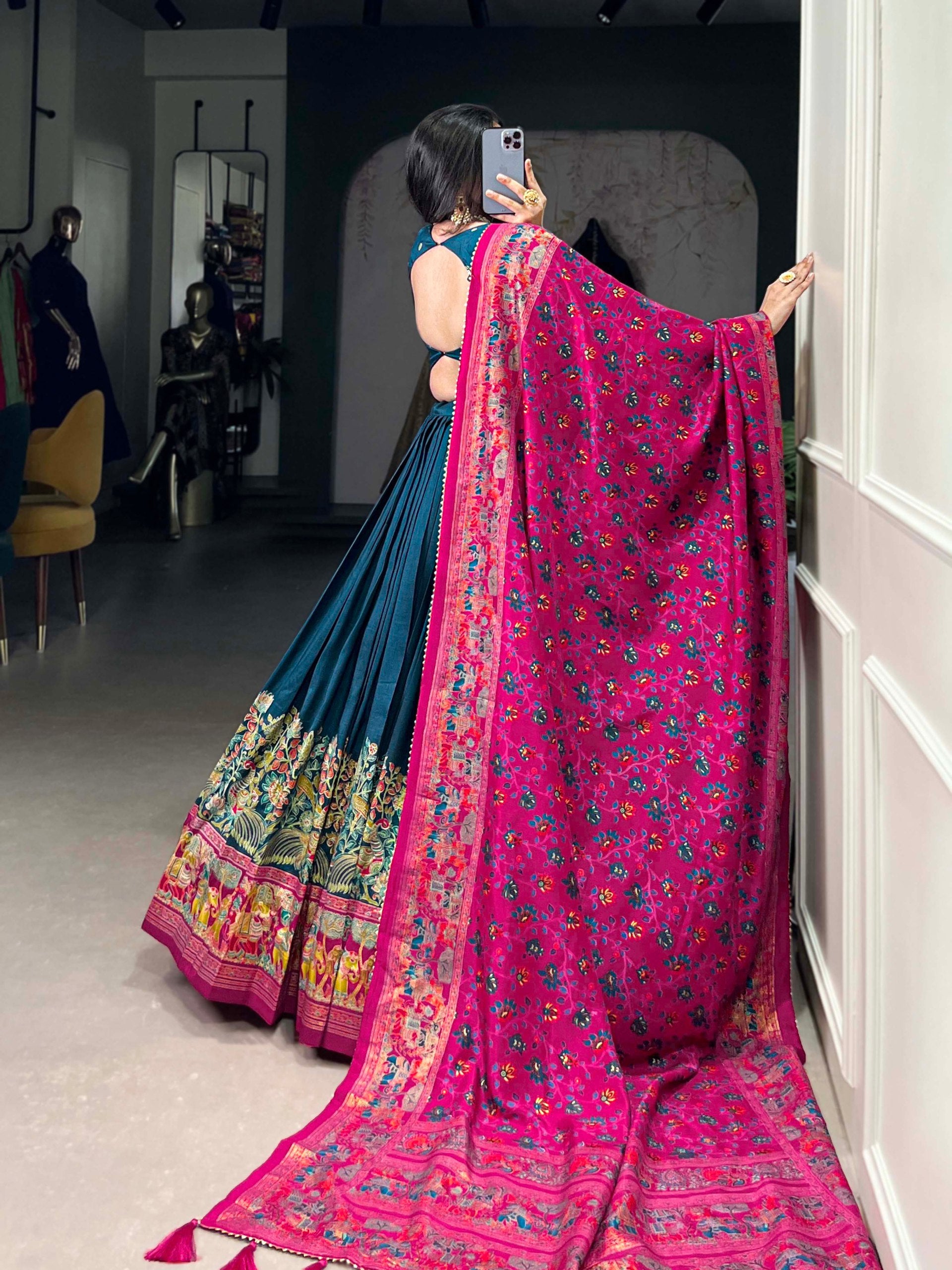 Occasion Wear Teal Color Tussar Silk And Printed With Foil Work Designer Lehenga Choli
