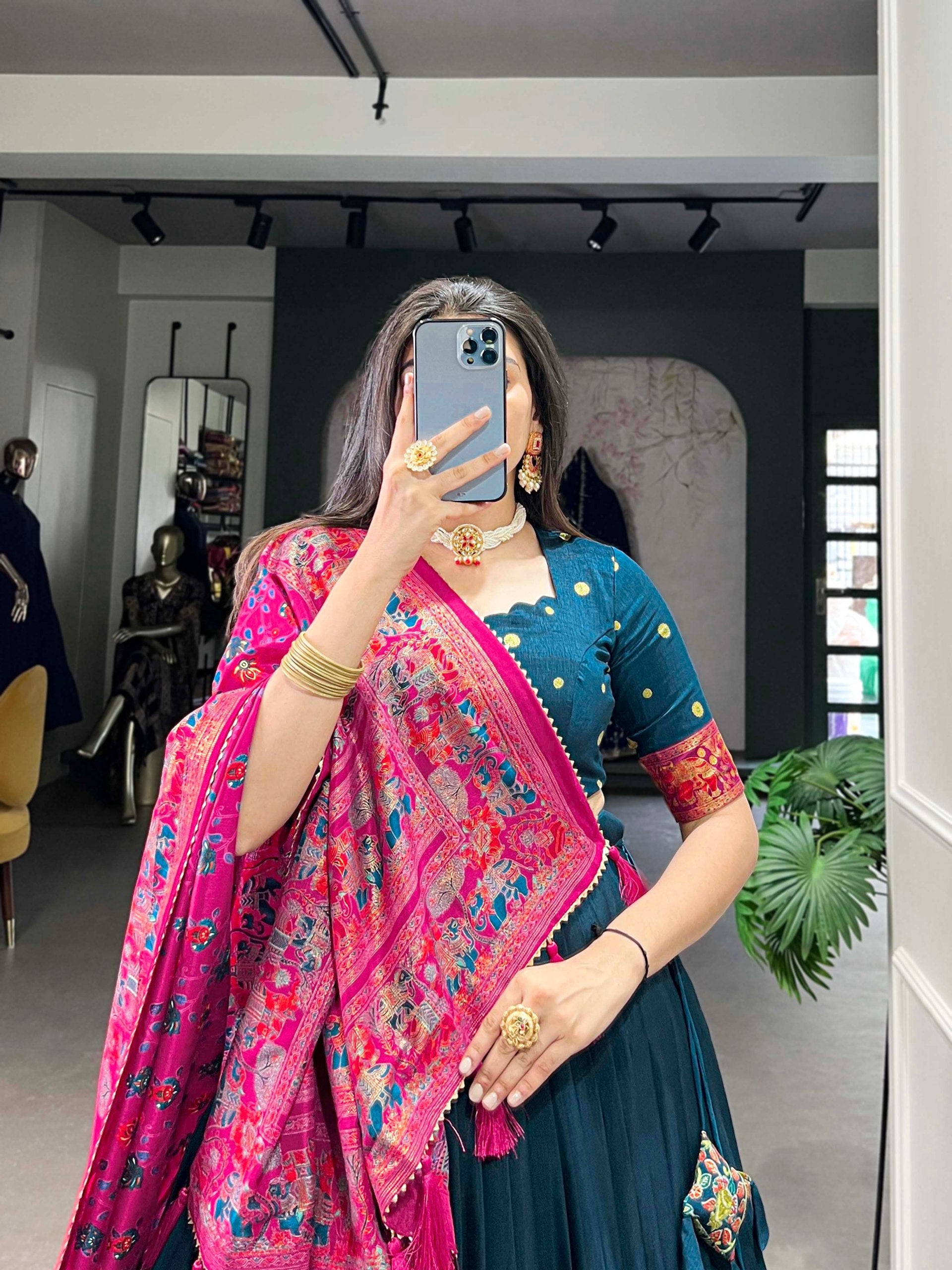 Occasion Wear Teal Color Tussar Silk And Printed With Foil Work Designer Lehenga Choli