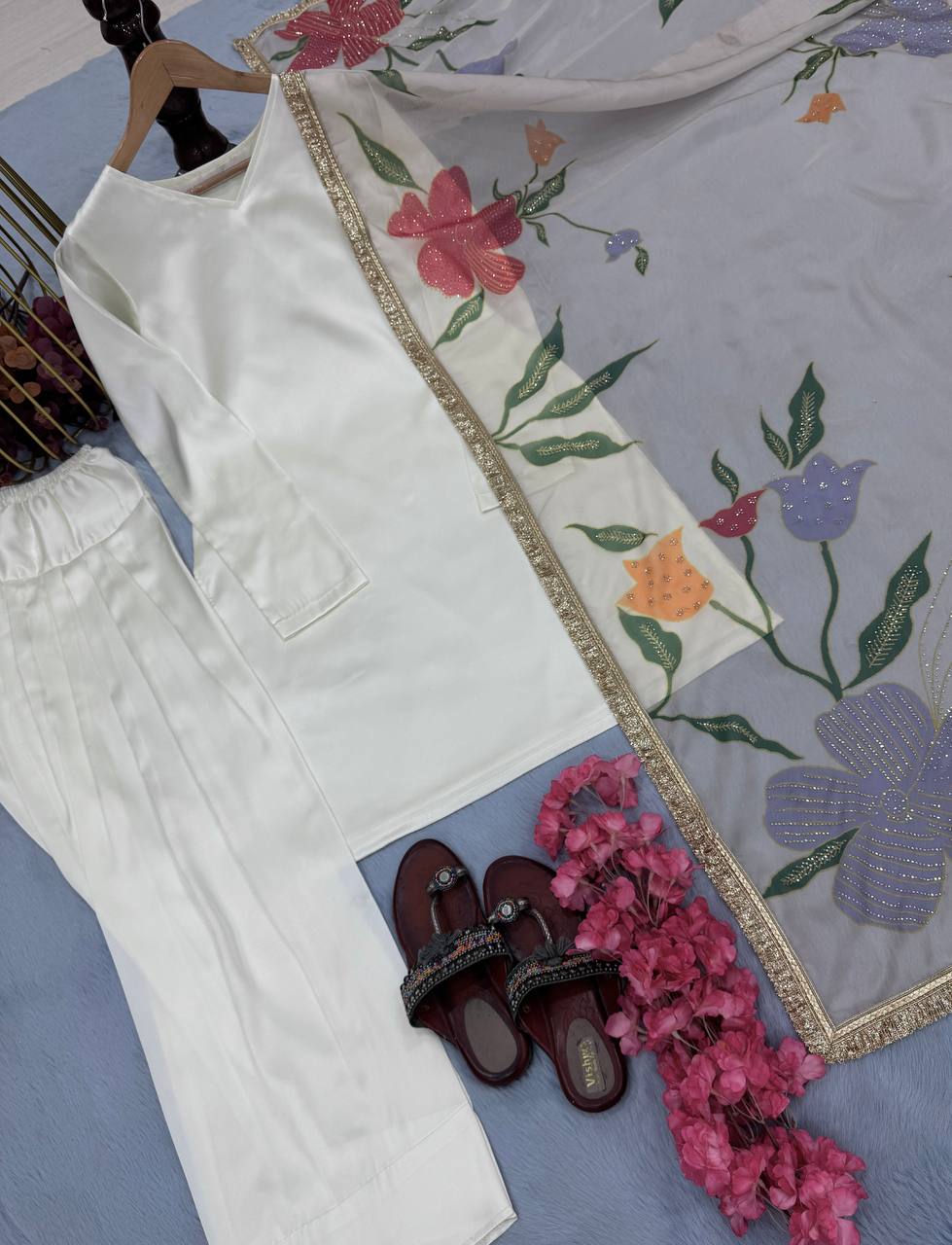 Fabulous Off White Color Heavy Japan Satin Silk Beautiful Salwar Suit