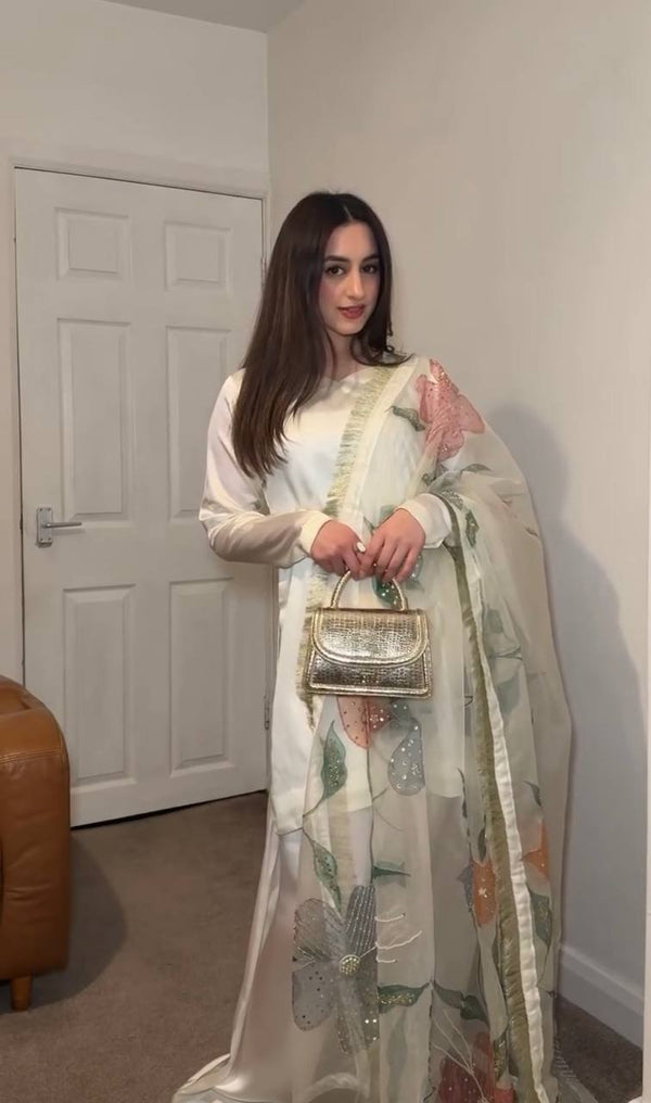 Fabulous Off White Color Heavy Japan Satin Silk Beautiful Salwar Suit