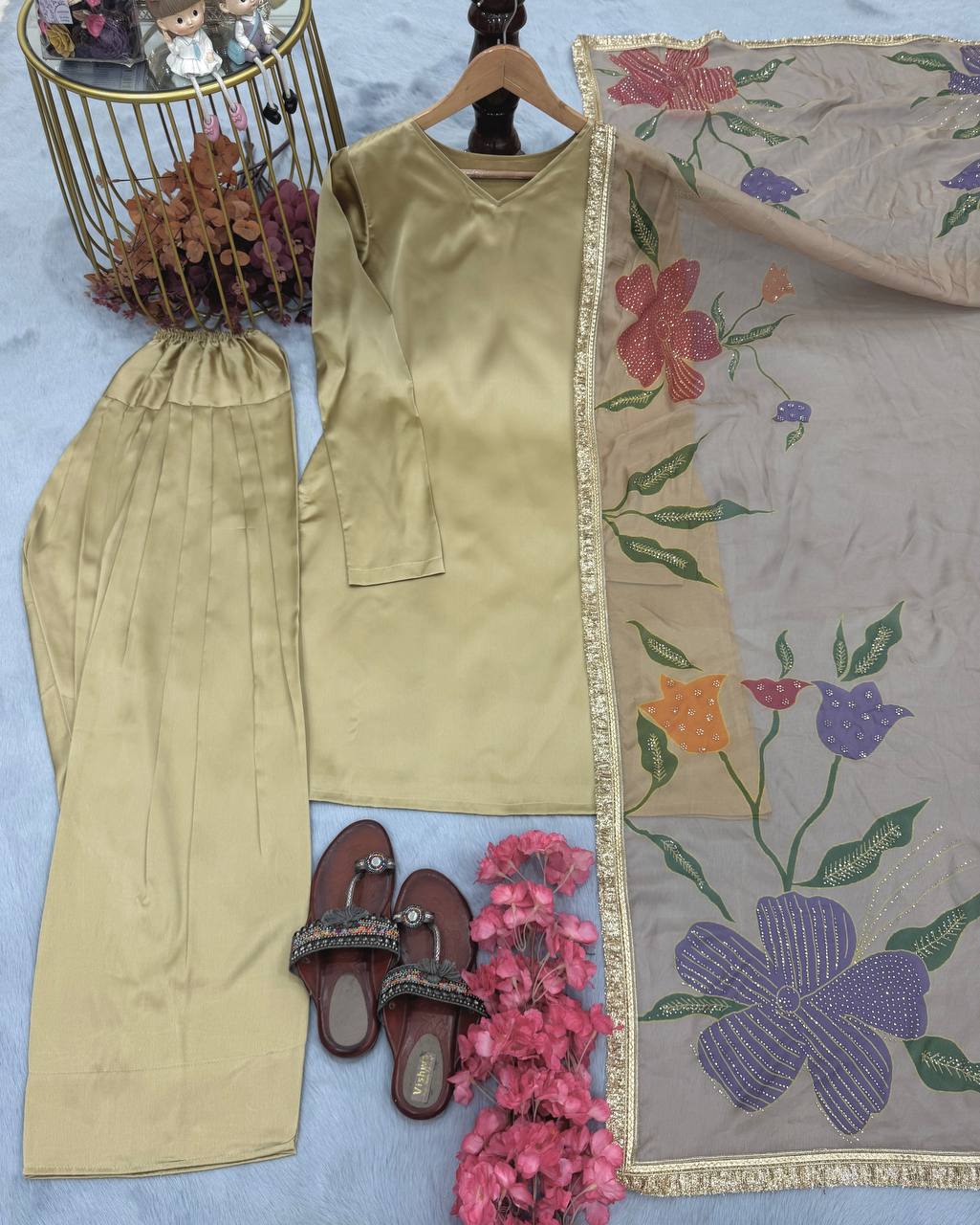 Stunning Cream Color Heavy Japan Satin Silk Beautiful Salwar Suit