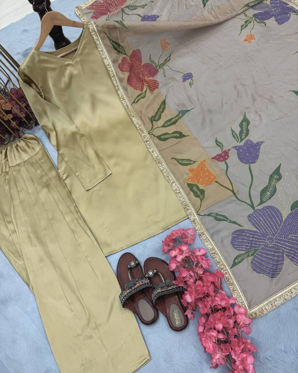 Stunning Cream Color Heavy Japan Satin Silk Beautiful Salwar Suit