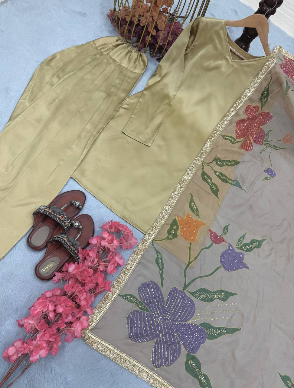 Stunning Cream Color Heavy Japan Satin Silk Beautiful Salwar Suit