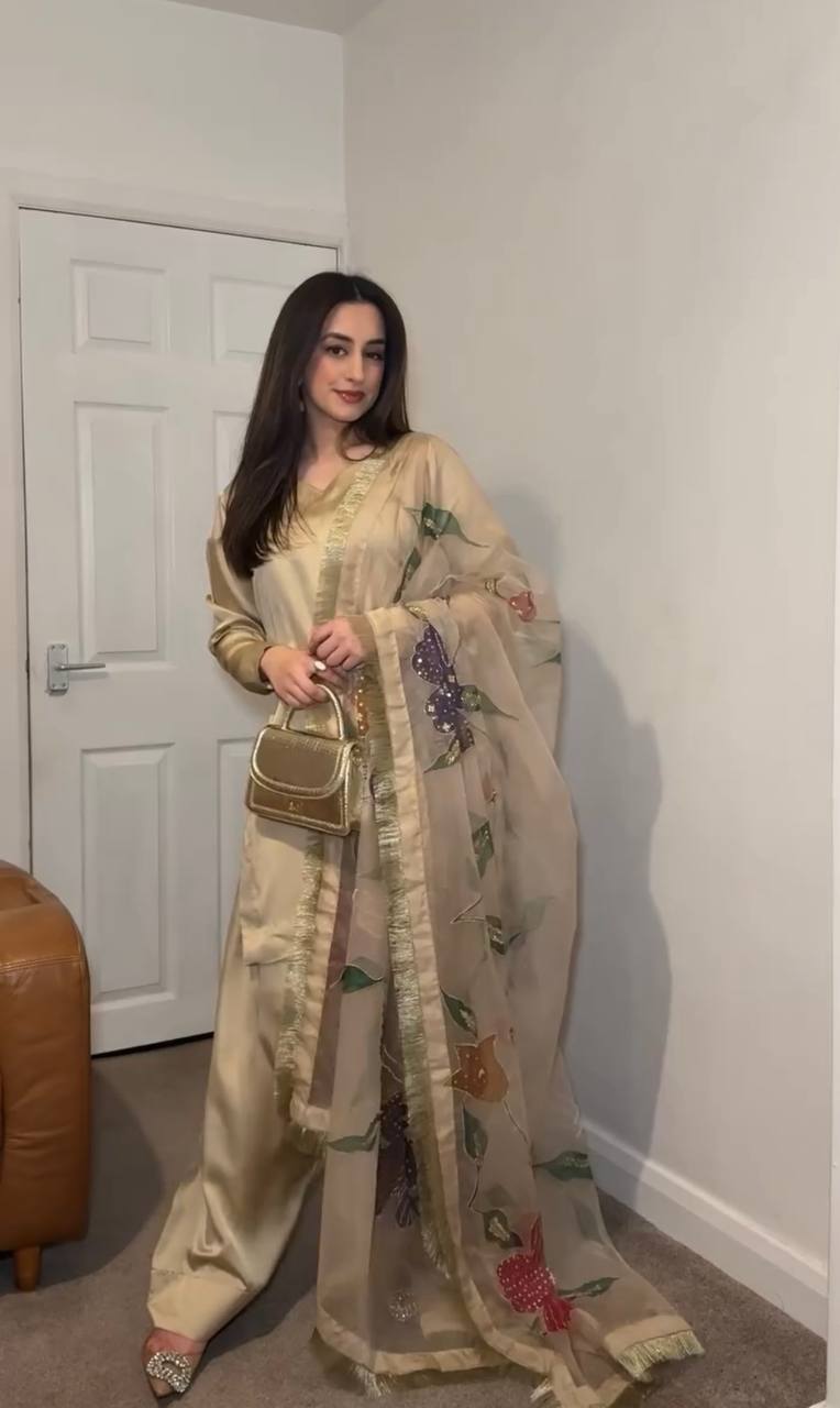 Stunning Cream Color Heavy Japan Satin Silk Beautiful Salwar Suit