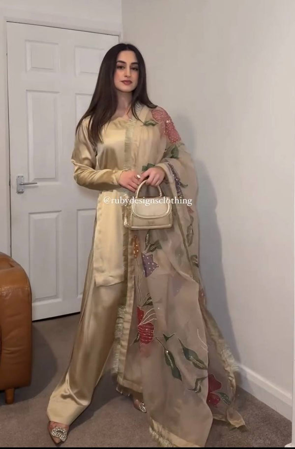 Stunning Cream Color Heavy Japan Satin Silk Beautiful Salwar Suit