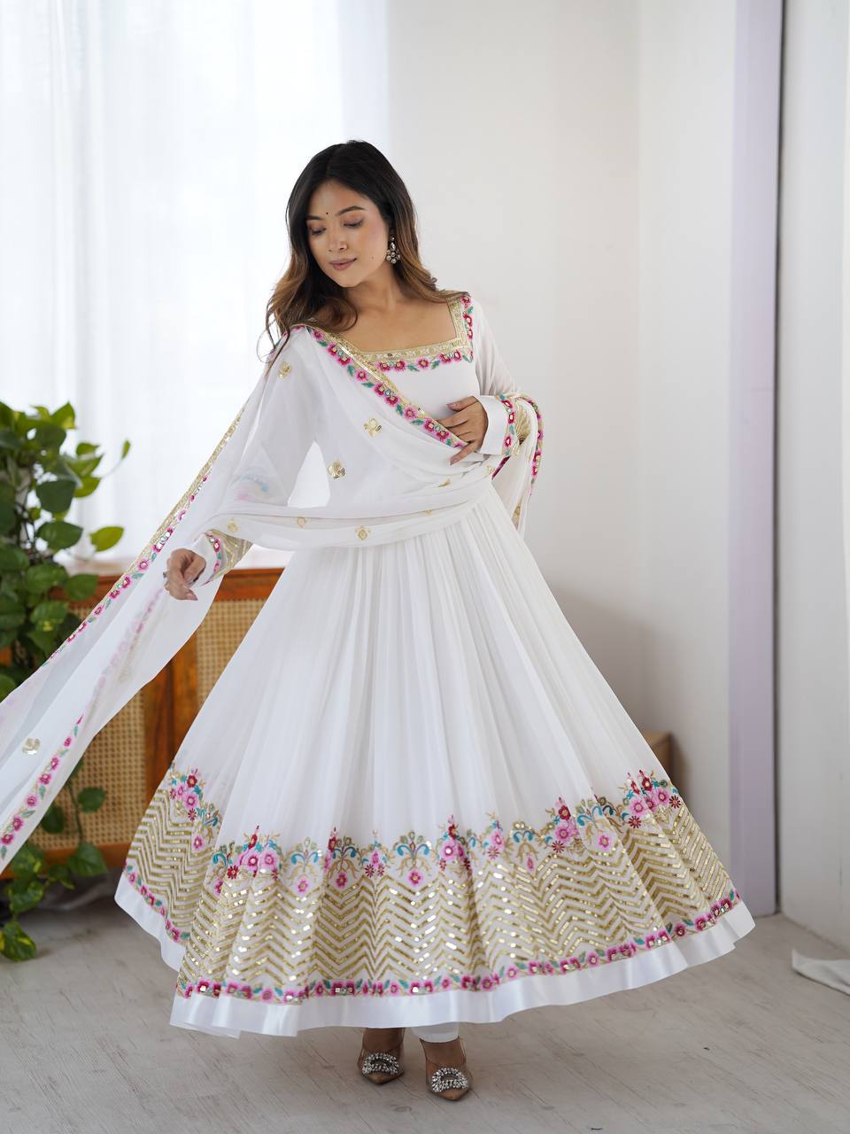 Designer White Color Embroidery With Sequence Work Anarkali Gown