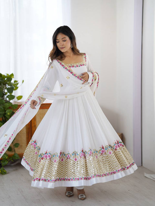 Designer White Color Embroidery With Sequence Work Anarkali Gown