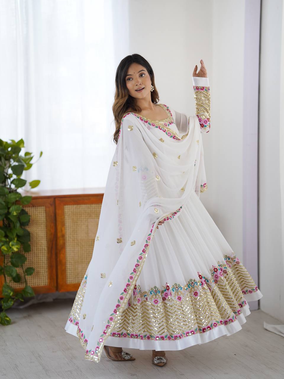 Designer White Color Embroidery With Sequence Work Anarkali Gown
