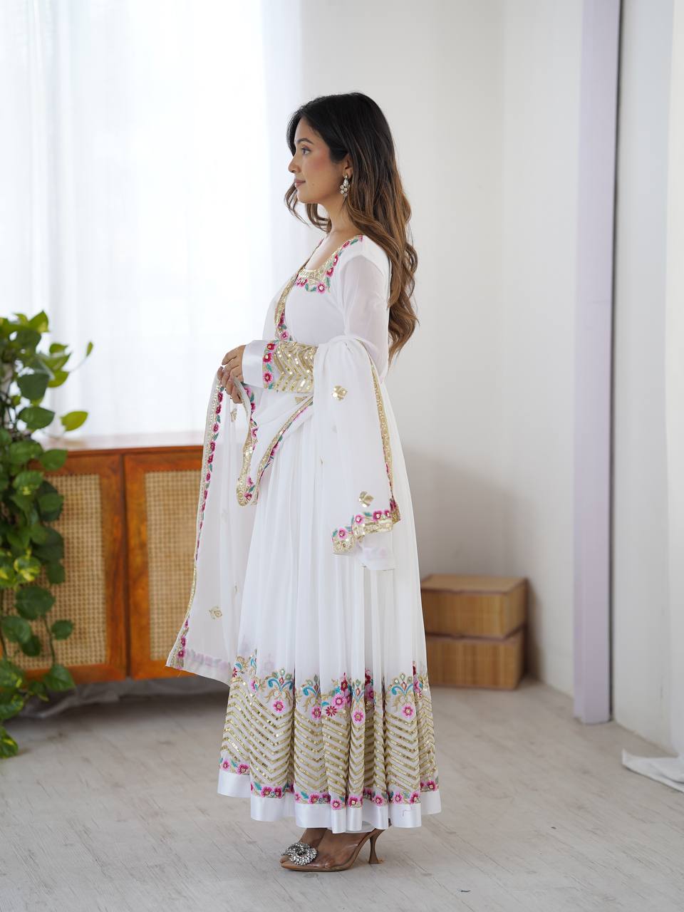 Designer White Color Embroidery With Sequence Work Anarkali Gown