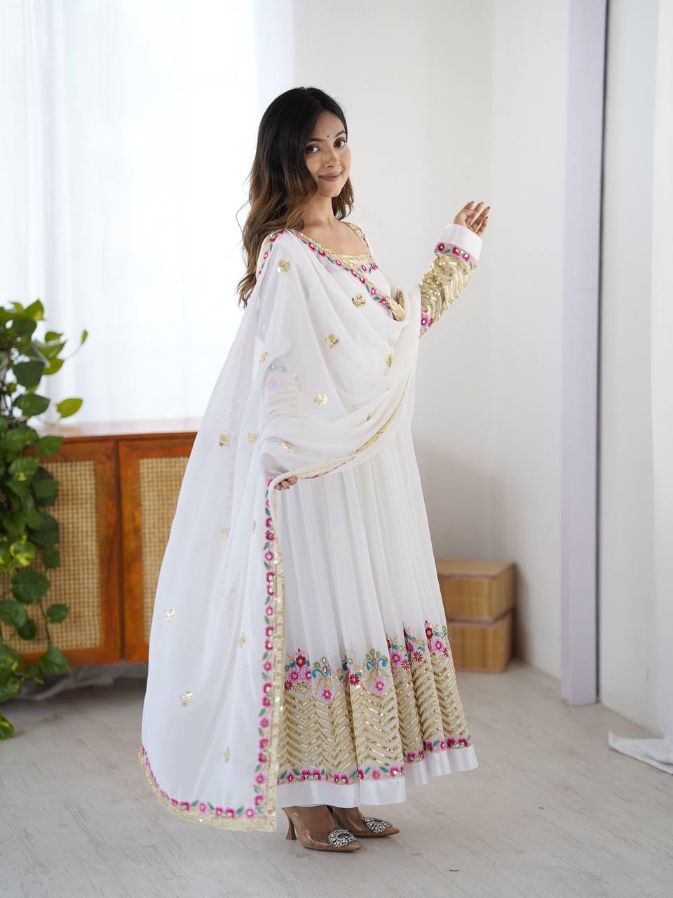 Designer White Color Embroidery With Sequence Work Anarkali Gown