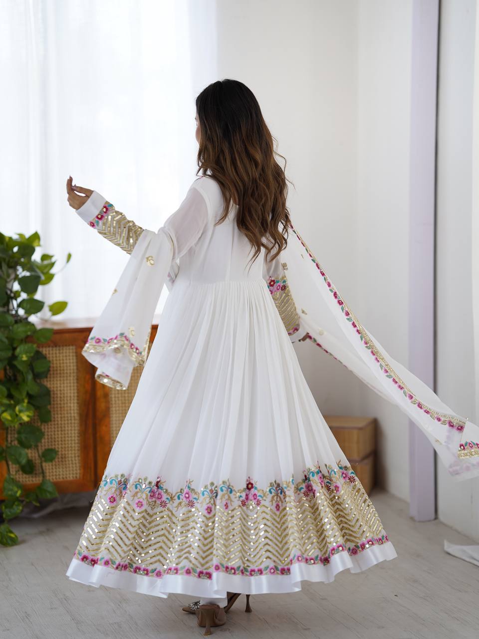 Designer White Color Embroidery With Sequence Work Anarkali Gown