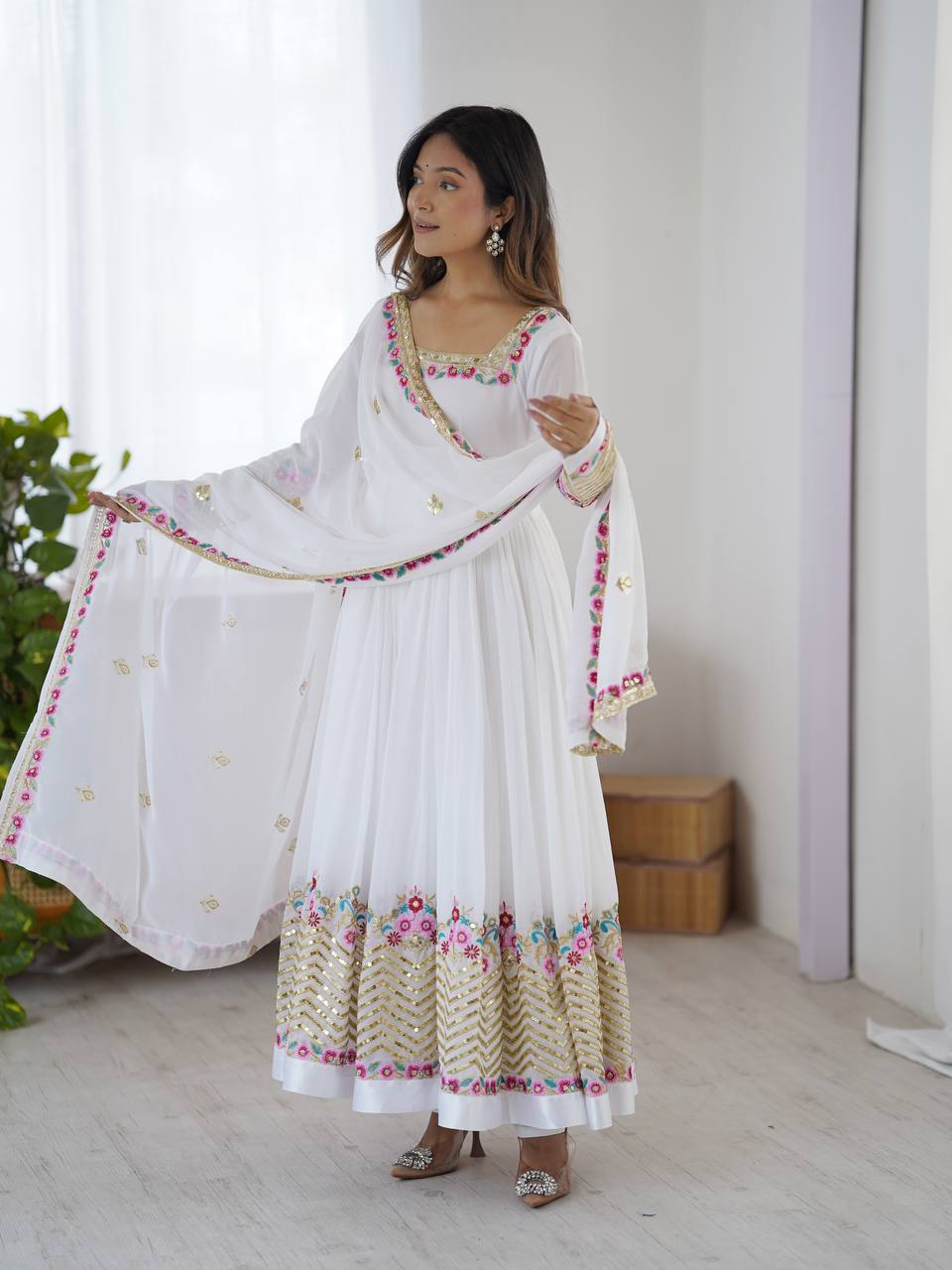 Designer White Color Embroidery With Sequence Work Anarkali Gown