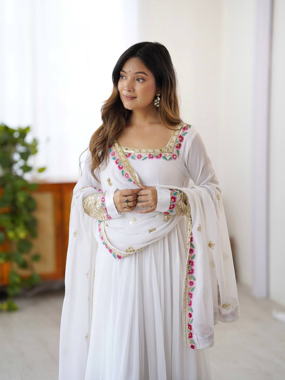 Designer White Color Embroidery With Sequence Work Anarkali Gown
