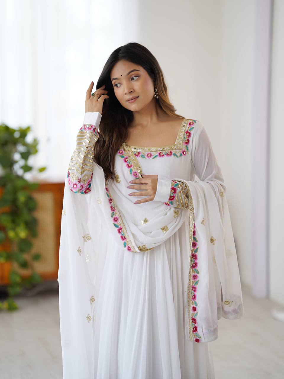 Designer White Color Embroidery With Sequence Work Anarkali Gown