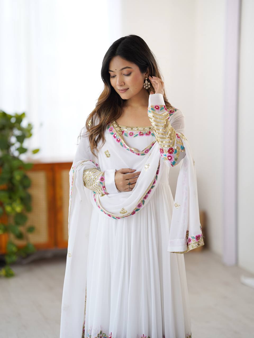 Designer White Color Embroidery With Sequence Work Anarkali Gown