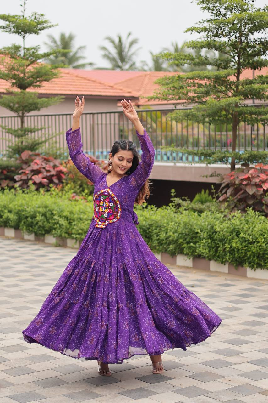 Navratri Traditional Wear Purple Color Gamathi Work Gown