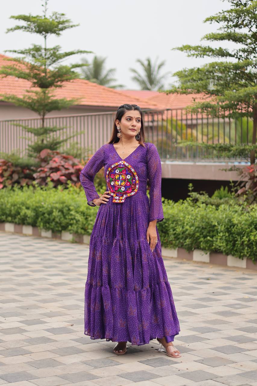 Navratri Traditional Wear Purple Color Gamathi Work Gown