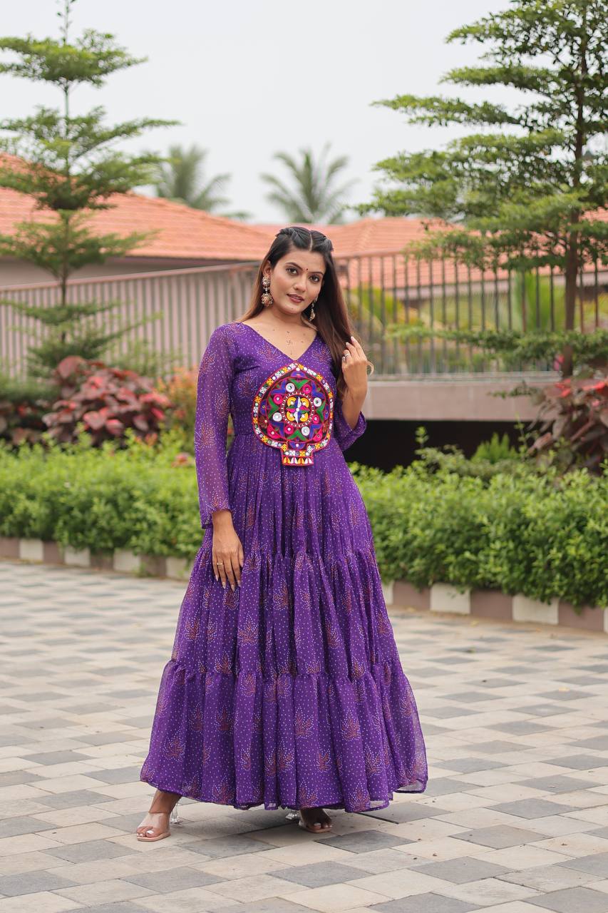 Navratri Traditional Wear Purple Color Gamathi Work Gown