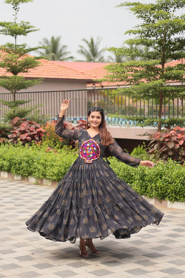 Navratri Traditional Wear Black Color Gamathi Work Gown