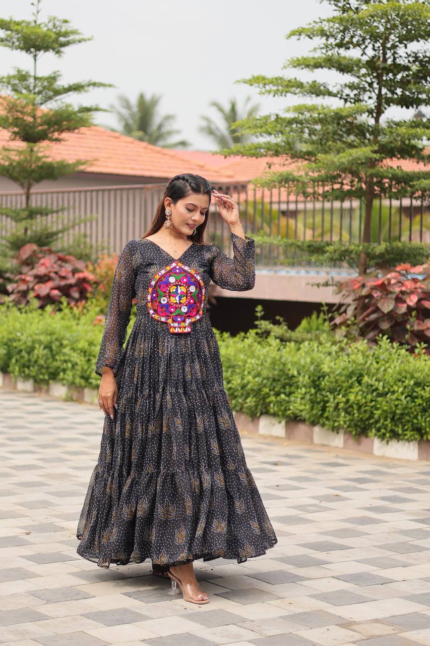 Navratri Traditional Wear Black Color Gamathi Work Gown