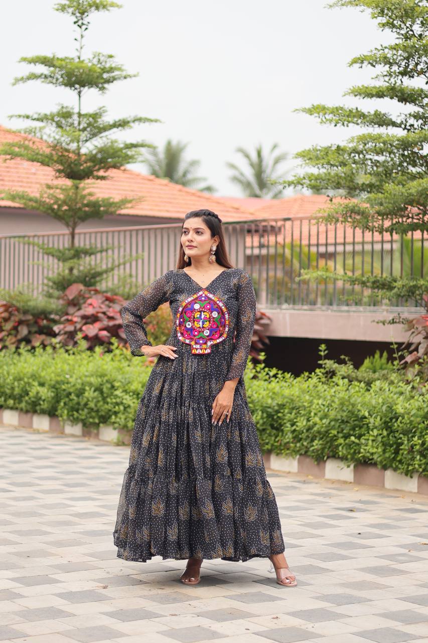 Navratri Traditional Wear Black Color Gamathi Work Gown