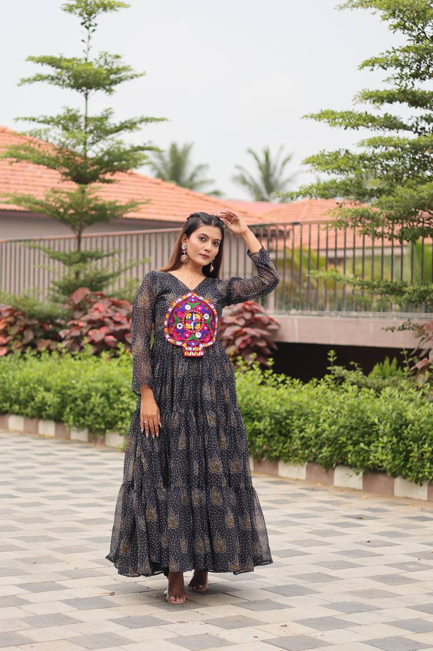 Navratri Traditional Wear Black Color Gamathi Work Gown