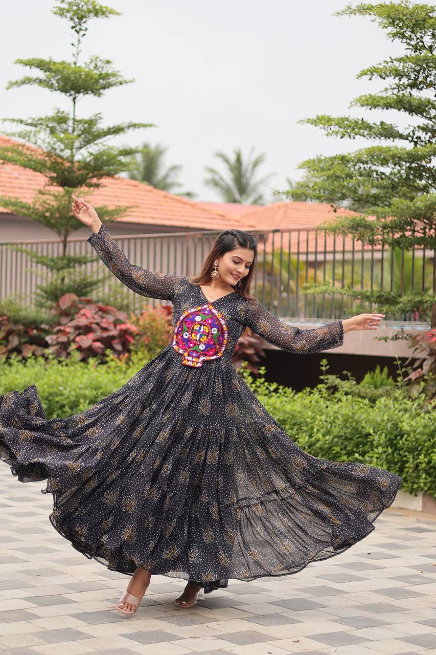Navratri Traditional Wear Black Color Gamathi Work Gown