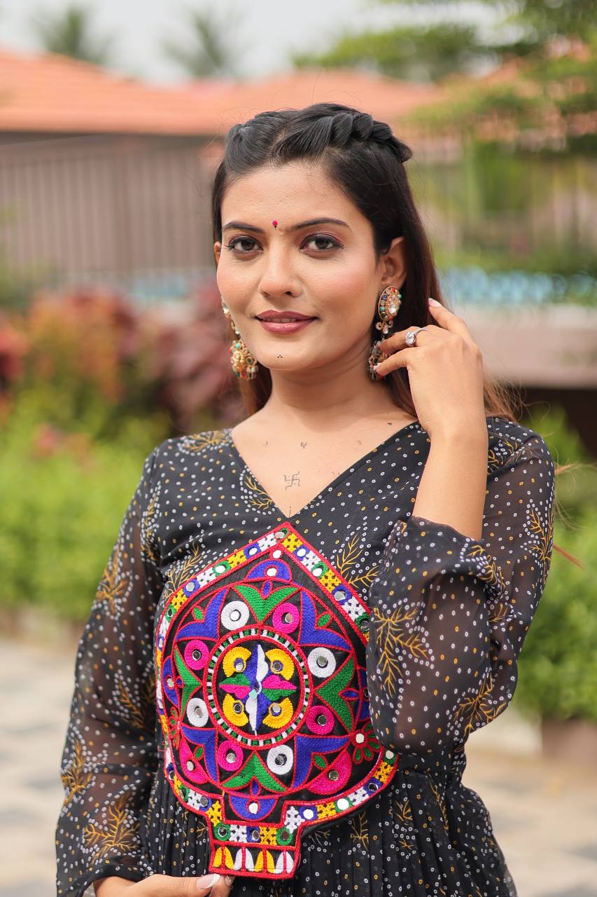 Navratri Traditional Wear Black Color Gamathi Work Gown