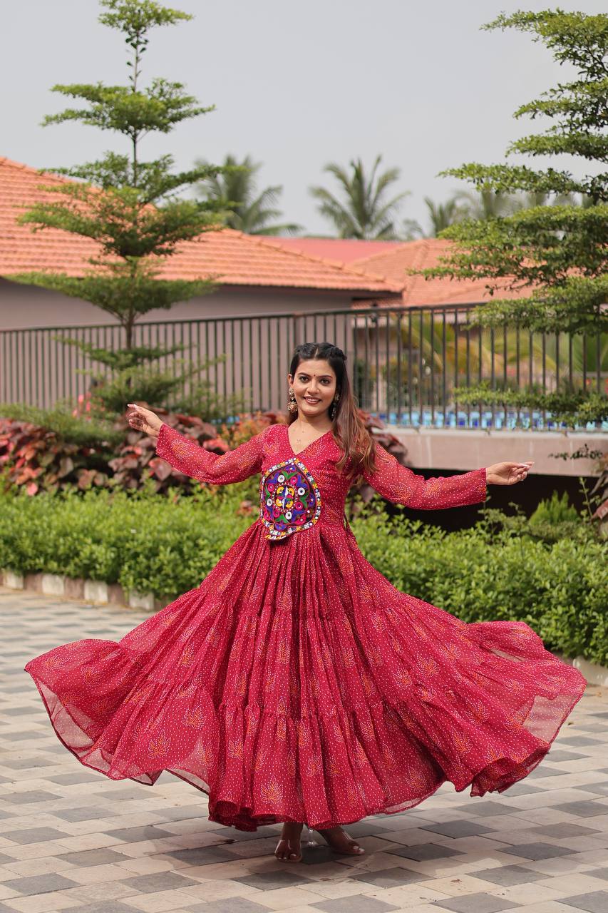 Navratri Traditional Wear Pink Color Gamathi Work Gown