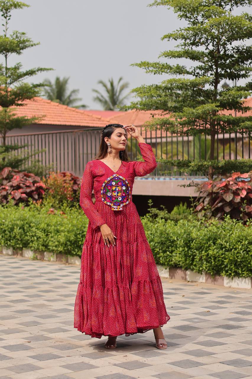 Navratri Traditional Wear Pink Color Gamathi Work Gown