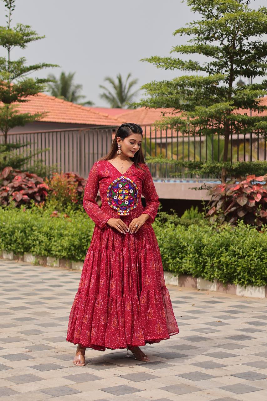Navratri Traditional Wear Pink Color Gamathi Work Gown