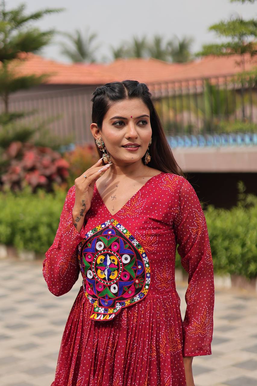 Navratri Traditional Wear Pink Color Gamathi Work Gown