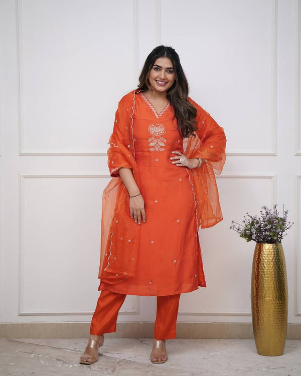 Stylish Orange Color Viscose Chanderi With Embroidery Work Beautiful Kurta Set