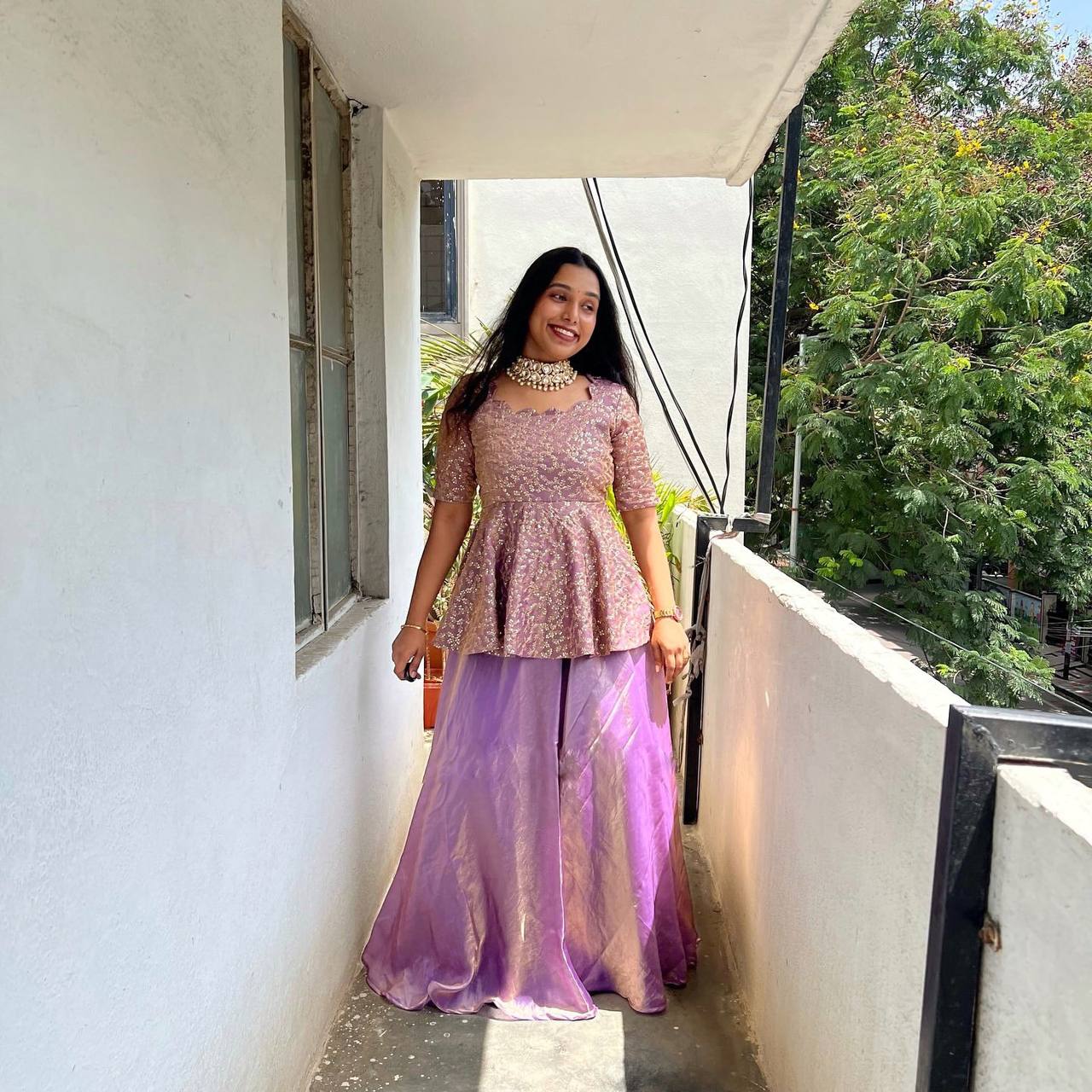 Beautiful Lavender Color Silk Embroidered Top With Lehenga