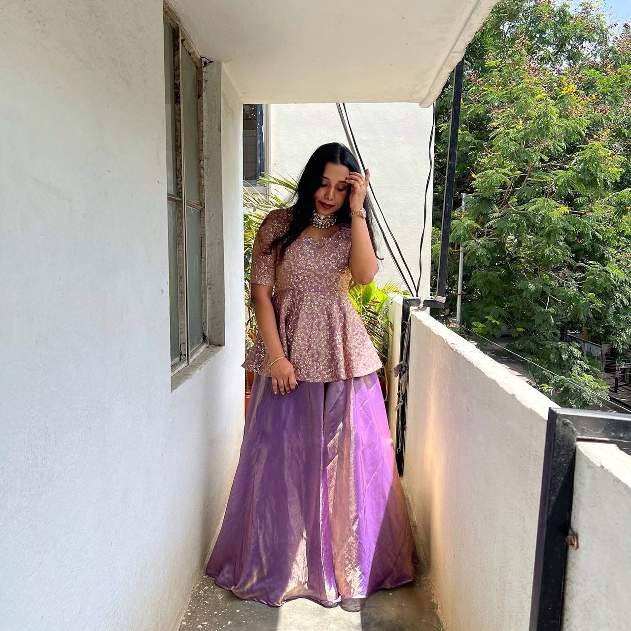 Beautiful Lavender Color Silk Embroidered Top With Lehenga