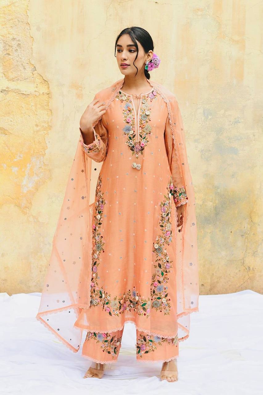 Festive Wear Peach Color Heavy Embroidered Sequin Work Designer Palazzo Suit