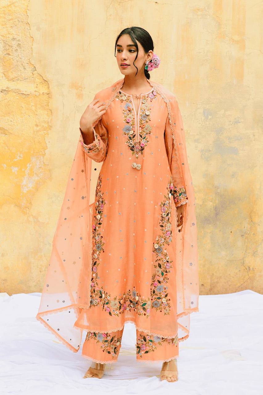 Festive Wear Peach Color Heavy Embroidered Sequin Work Designer Palazzo Suit