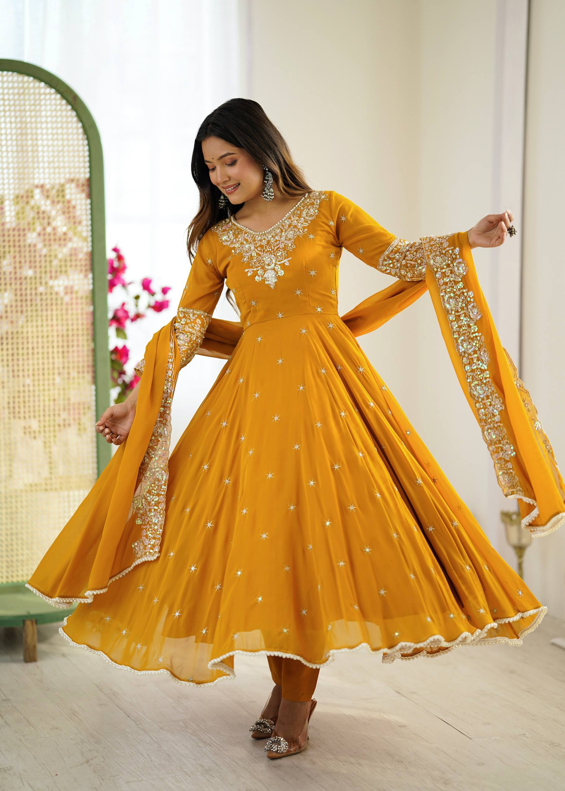 designer dress yellow Designer Yellow Color Embroidered Anarkali Three-Piece Gown Set – Vastra  Shop