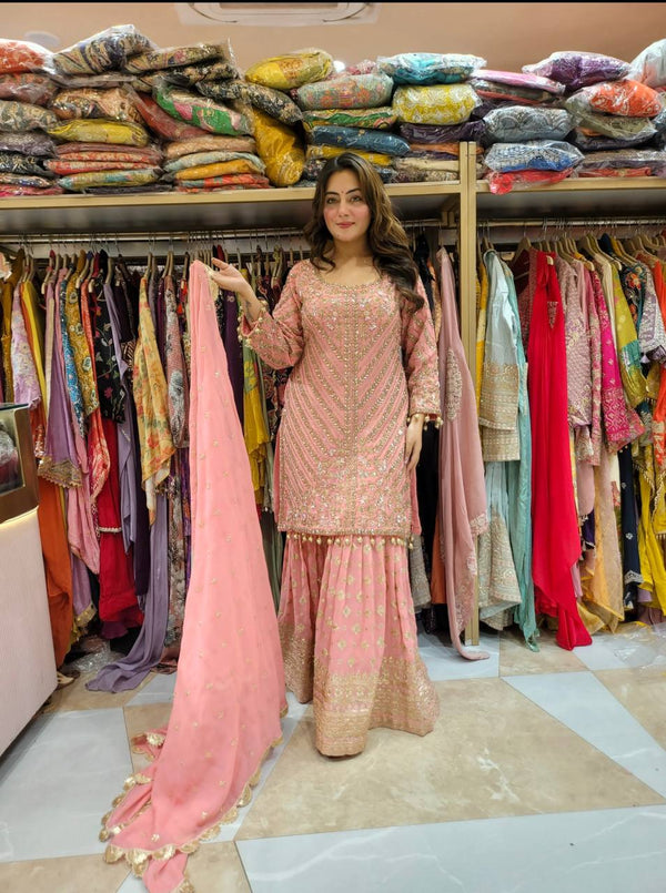 Gorgeous Peach Color Faux Georgette With Embroidery Sequence Work Sharara Suit