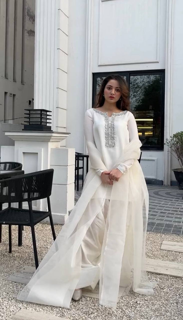 Exclusive White Color Faux Georgette And Embroidery With Hand work And Beads Salwar Suit