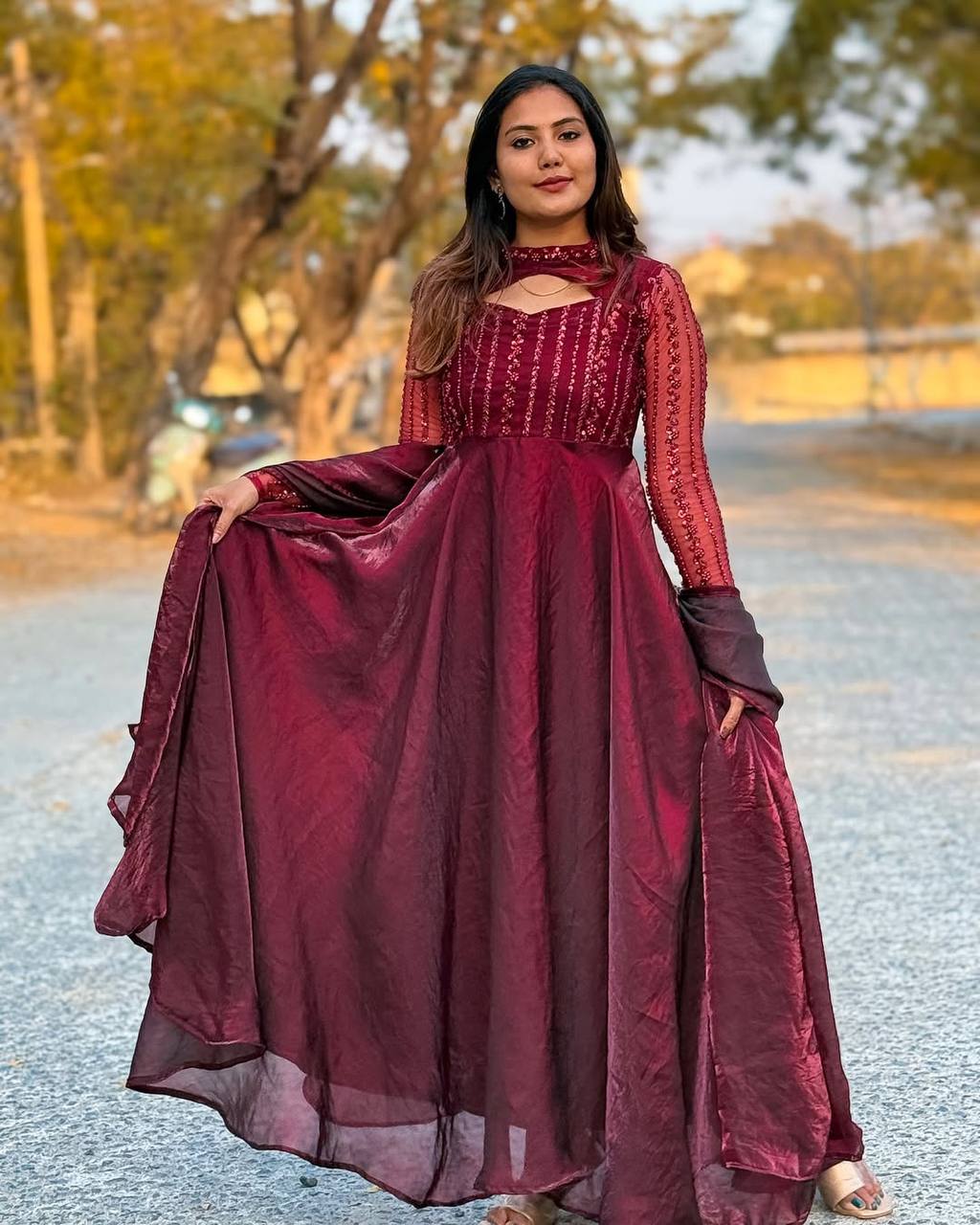 Shining Maroon Pure Heavy Jimmy Choo With 5mm Sequence And Embroidery Work Anarkali Gown