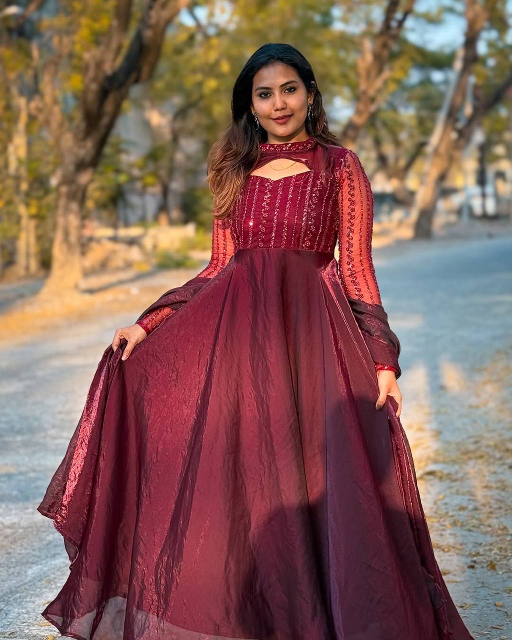 Shining Maroon Pure Heavy Jimmy Choo With 5mm Sequence And Embroidery Work Anarkali Gown